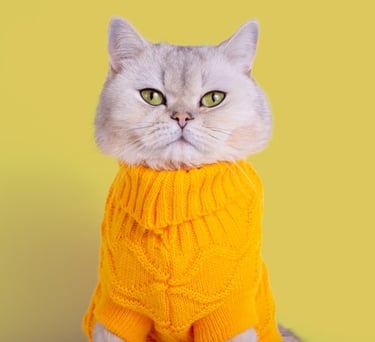 Un esponjoso gato gris con un cómodo suéter amarillo
