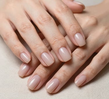 An extremely detailed close-up photography of beautifully manicured, clean natural fingernails painted with a light nude gloss, resting on soft linen fabric.