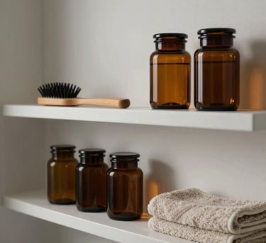 A modern minimalist bathroom shelf in a North American home featuring neatly arranged amber glass jars, a wooden hair brush, and a soft beige cotton towel.