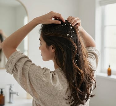 A serene woman in a soft linen robe gently applying nourishing herbal oil to her hair and scalp in a brightly lit, cozy North American bathroom.