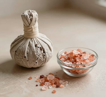 A beautiful aesthetic flat lay of natural self-care wellness tools, featuring a sage bundle and a small glass bowl of pink Himalayan salt under soft warm lighting in a serene home.