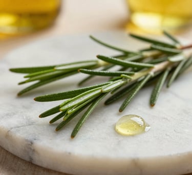 Detailed close-up photography of botanical ingredients like fresh green rosemary branches and organic oil droplets glistening on a light marble plate under warm natural light in a cozy North American setting.
