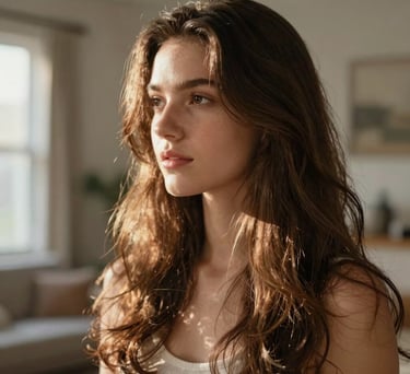 A gorgeous, close-up lifestyle photograph of healthy, glowing long wavy brown hair catching soft morning sunlight in a serene North American home.