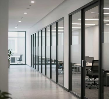 A focused shot of a modern office hallway in a North American business center, with clean white walls and glass doors, representing transparency and professional growth, soft lighting with hints of charcoal gray.