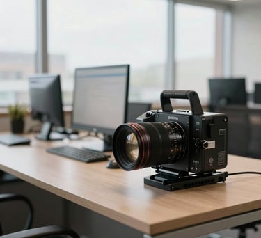 A professional North American office setting with a clean, organized desk and modern equipment, soft natural light through large windows, shallow depth of field, photography style.