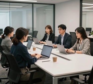 A collaborative meeting space in a modern North American office, showing a clean white table and ergonomic chairs, professional and efficient atmosphere.
