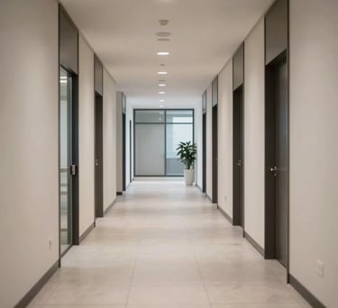 A well-lit, professional hallway in a North American corporate building, featuring neutral tones and modern architecture, clean lines and a sense of order, high-resolution photography.