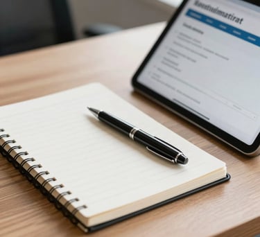 A close-up of a professional desk setup in a North American corporate office, featuring a clean notebook, a sleek pen, and a tablet showing a recruitment dashboard, soft daylight, professional and efficient mood.