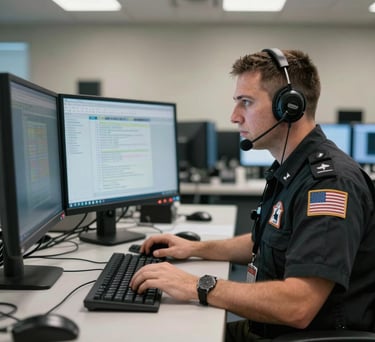 A focused North American support officer working at a multi-monitor workstation in a high-tech operations center, clean professional environment, realistic lighting.