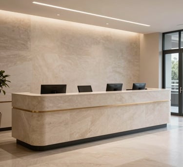 A wide shot of a professional North American reception area, featuring clean stone surfaces and minimalist design, conveying trustworthiness and efficiency.