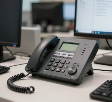 An organized North American office workspace with a focus on a professional telephone system and computer, symbolizing efficient support services, clean lighting.