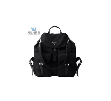 Black designer nylon backpack with silver buckles and front utility pockets on a white background.