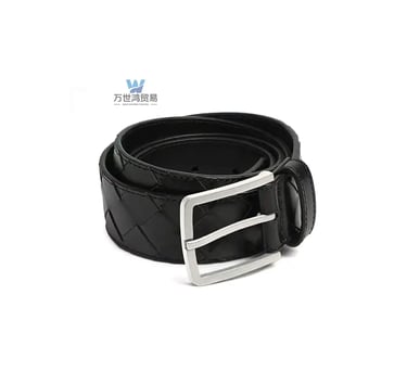 Black woven leather belt with a silver square buckle on a white background.