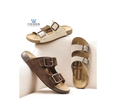 Stylish cork-soled slide sandals for men and women with adjustable double buckle straps in brown and cream.