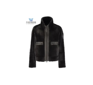Black faux fur bomber jacket with high collar and zippered pockets for winter fashion.