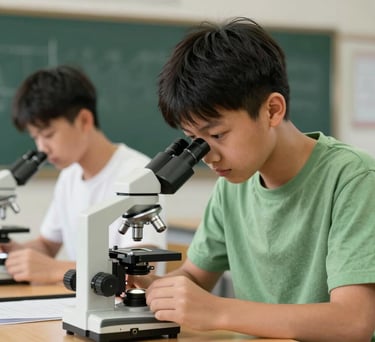 A student in a North American / US classroom focusing intently on a science project involving microscopes, with Sage Green and Dark Green room accents.