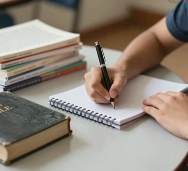 A close-up of a student's hands neatly writing in a notebook next to a bible and a stack of textbooks on a clean desk, warm indoor lighting, North American school setting.