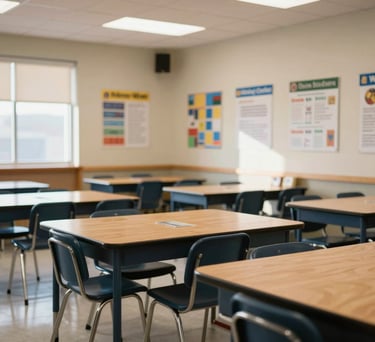 A well-lit, professional classroom setting inside a North American community center with wooden tables and educational posters on the walls, bathed in natural morning light.