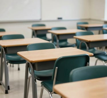 A bright North American / US classroom with clean lines, Dark Green chairs, and wooden desks, designed for a focused and professional academic atmosphere.