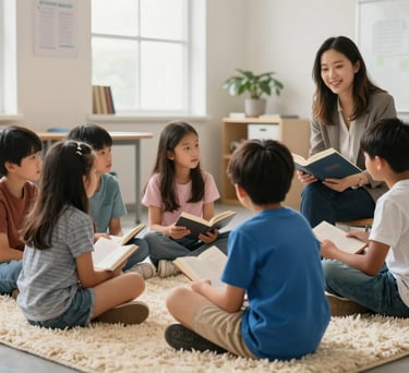 Homeschooled students sitting on a plush Cream rug in a bright North American / US classroom, listening attentively to a teacher reading a classic book.