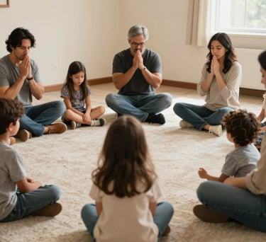 North American / US parents and children gathered in a warm Cream colored room for a morning prayer and community meeting, looking peaceful and connected.