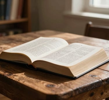 Close-up photography of educational books and a Bible resting on a rustic wooden table in a sunlit Cream room, emphasizing a Christian academic environment.