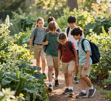 A group of homeschooling students in a North American / US outdoor setting, exploring a nature trail together in a bright Sage Green garden with soft afternoon sunlight.