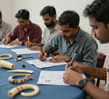 Candid shot of a training workshop where several South Asian / Indian artisans are learning about trade licenses, ivory and muted blue palette, soft lighting.