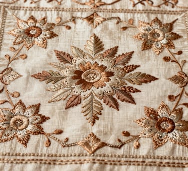 Close-up photography of a vintage hand-embroidered tapestry with intricate South Asian floral motifs in cream and muted brown silk threads.