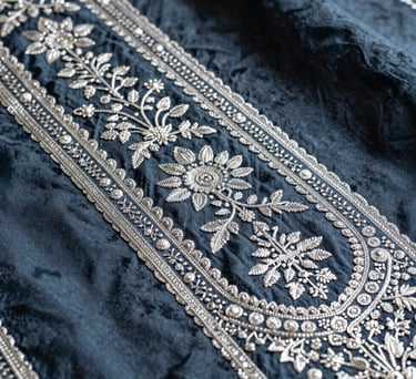 Detailed shot of a silver zari embroidery pattern on a dark slate blue fabric, representing modern premium craftsmanship, South Asian / Indian style.