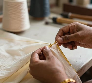 Close-up of hands weaving gold thread into ivory fabric, soft focused background showing a professional South Asian / Indian studio setting.