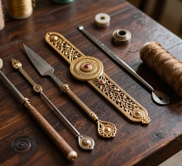 High-angle shot of intricate zari tools and threads arranged neatly on a dark wood table, South Asian / Indian style, premium and authentic aesthetic.