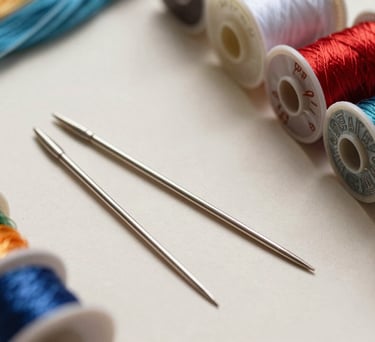 A professional flat-lay photograph of traditional embroidery tools including silver needles, Zari wire, and colorful silk spools on a light cream surface.