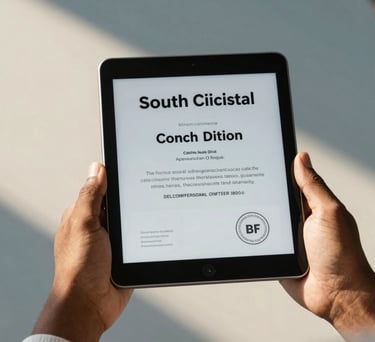 Photography of a South Asian / Indian artisan holding a digital tablet displaying a professional certification, warm sunlight, muted blue and soft ivory background.
