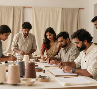 A group of South Asian / Indian artisans collaborating in a clean, brightly lit, premium workspace with textiles draped in the background, warm ivory lighting.