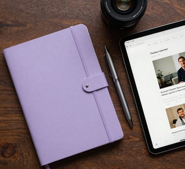 An overhead flat-lay of a creative's workspace in a North American setting, including a lavender-colored notebook, a pen, and an iPad displaying an author website.