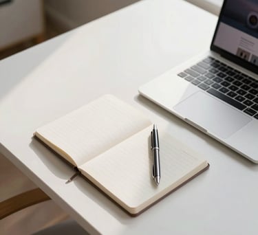 A top-down view of a minimalist desk in a North American home office. A high-quality notebook, a sleek pen, and a laptop with a modern web design interface are visible. Soft morning light and accents of lavender and white.