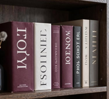 Close-up of a high-end designer bookshelf in a US apartment, featuring modern book covers with sophisticated typography and muted plum colors.