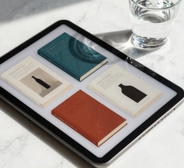 An aesthetic arrangement of modern book covers on a digital tablet next to a glass of water on a white marble surface. Soft North American sunlight.