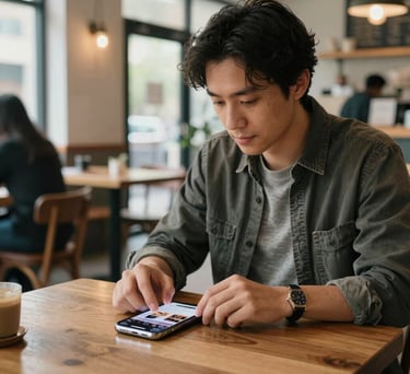 A lifestyle shot of an author working in a bright, airy North American cafe. A smartphone on the table shows a professional Instagram feed. The scene is chic and contemporary.