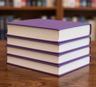 Close-up of a stack of contemporary hardcover books on a polished wooden table. The lighting is warm and professional, suggesting a sophisticated US publishing office. Colors of soft purple and off-white in the background.
