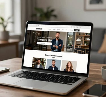 A beautifully designed author website displayed on a laptop screen, placed in a contemporary US apartment setting with soft natural light and modern decor.