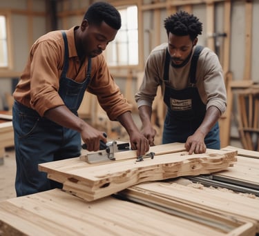 Two male carpenters using timber construction materials in Eldoret.