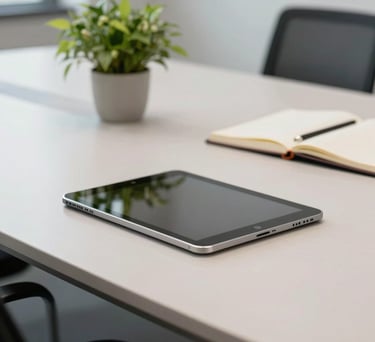 A detail shot of a modern conference table with a tablet, green plant, and notebook in a clean, bright US professional setting.