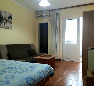 a bed room with a couch and a television