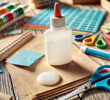 um tubo de cola escolar sobre algumas folhas e materiais para artesanato
