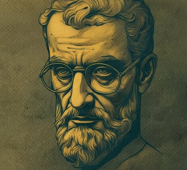 ilustração de um homem de meia idade, com barba e bigode fartos e usando óculos.