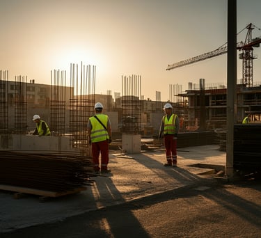 três homens uniformizados trabalhando em um canteiro de obras de uma prédio