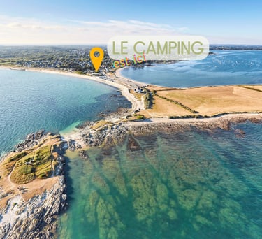 alt="Vue aérienne de la plage de Penvins et du camping La Grée Penvins, Sarzeau, Morbihan"