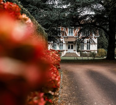 Une allée menant à une maison blanche et ocre